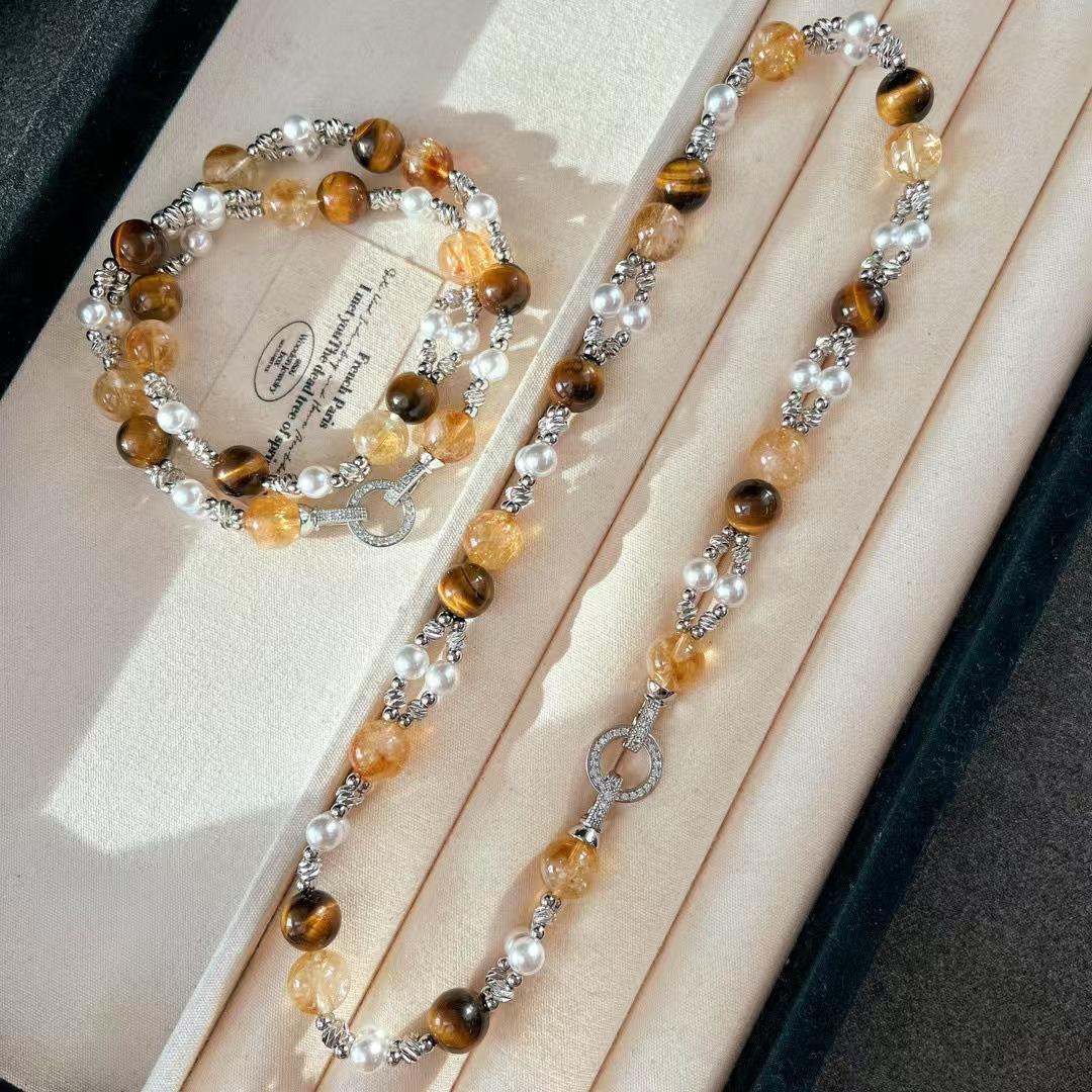 

Maillard High Quality Natural Tiger S Eye Citrine Artificial Pearl Cross Double Layer Sweater Chain Necklace