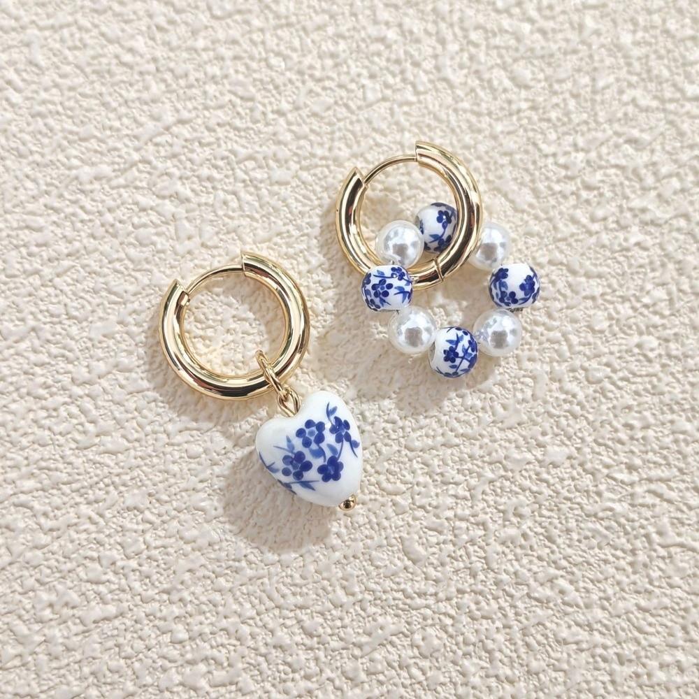 Heart Dangle Earrings Imitation Ceramic Pearls Dangle Earrings Asymmetric Earrings  Women