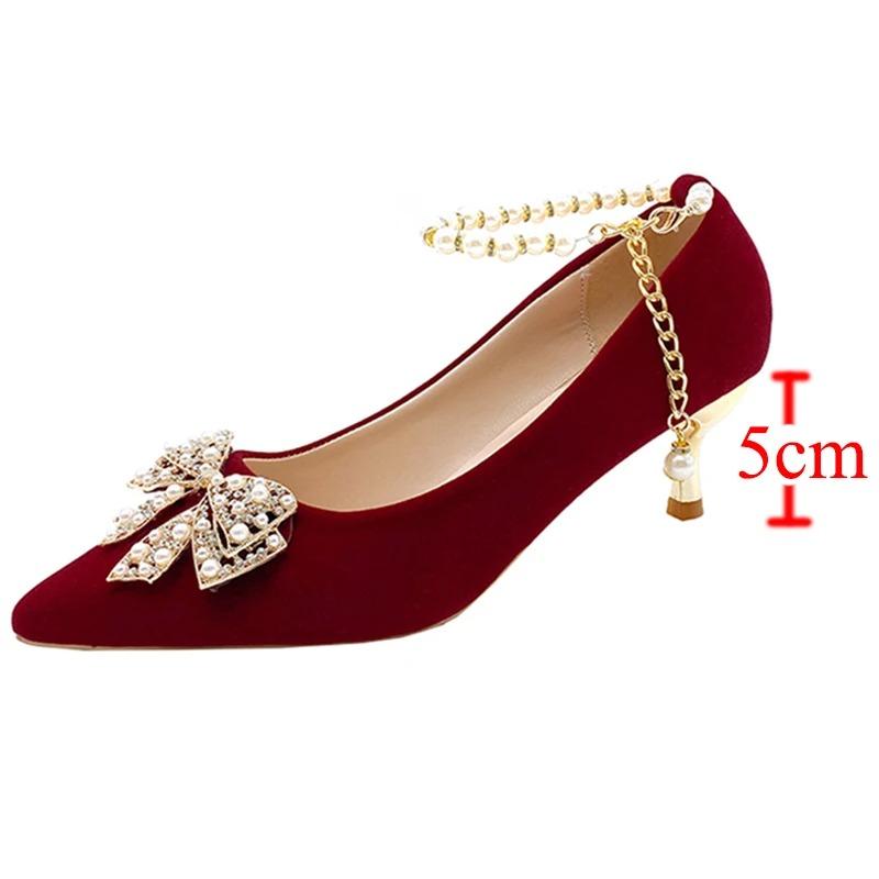 Fashion Red Pearl Bowknot Wedding Party Shoes for Women String Bead Thin Heels Pumps Ladies Ankle Strap Pointed Toe High Heels Shoes
