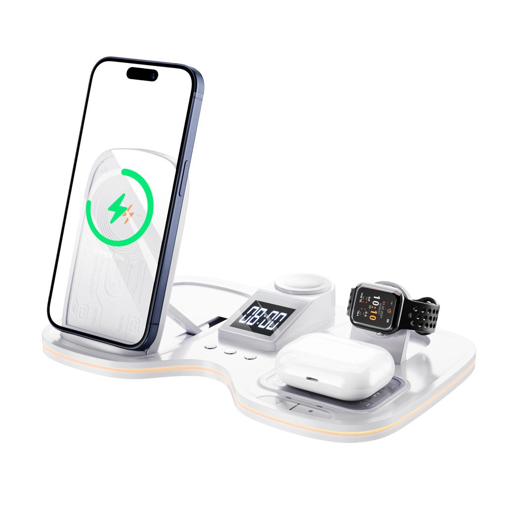 Custom logo Corporate Gift Multifunctional 15W Fast Charger Alarm Clock RGB Ambient Night Light 6 in 1 Wireless Charger Foldable