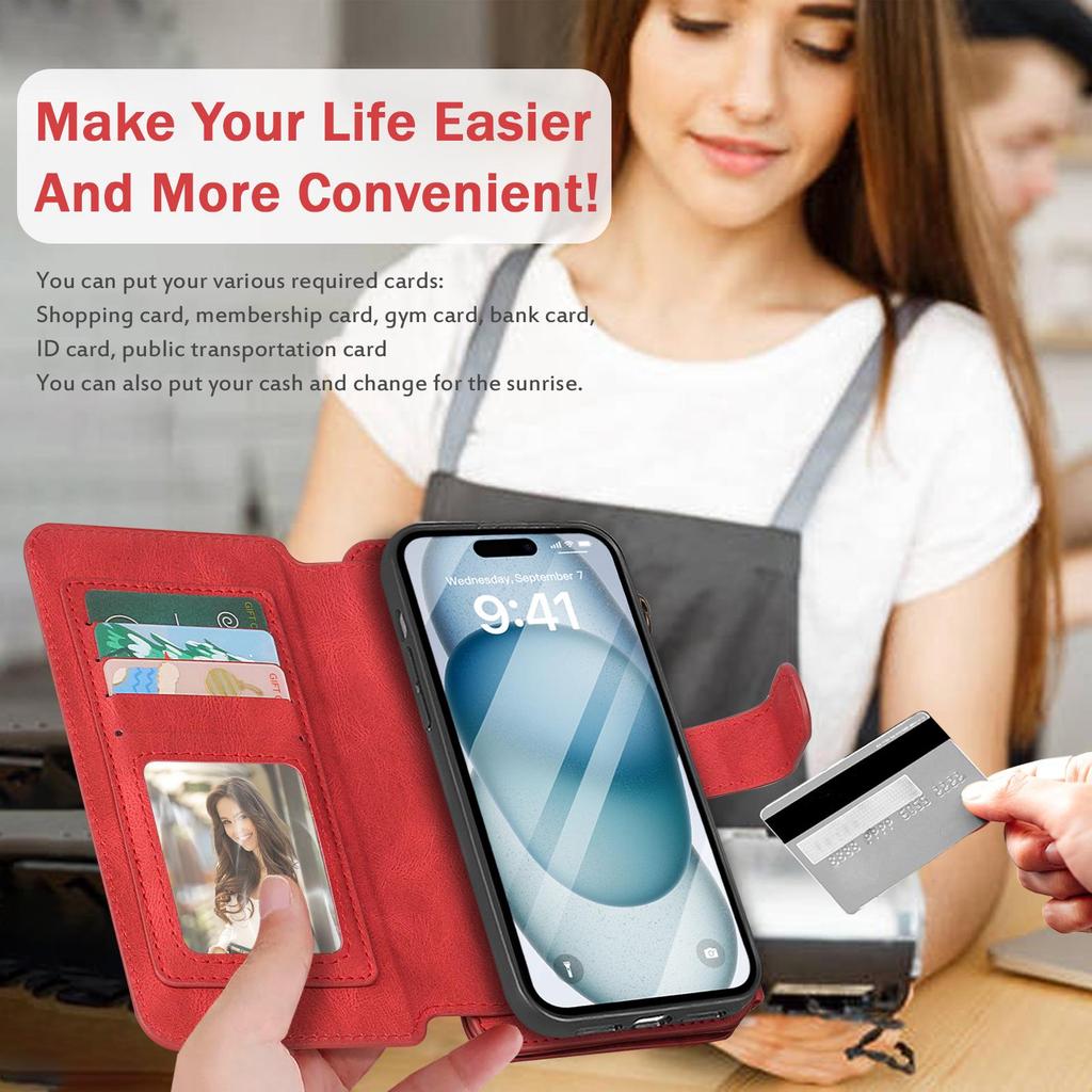 iPhone 16 Pro Multifunctional Leather Wallet Case with Detachable Magnetic Protection