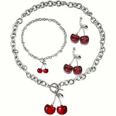 Red Cherry Charm Pendant Choker Y2K Fruit Necklace Bracelets Earrings Chains For Women Summer For Dancing Party Jewelry