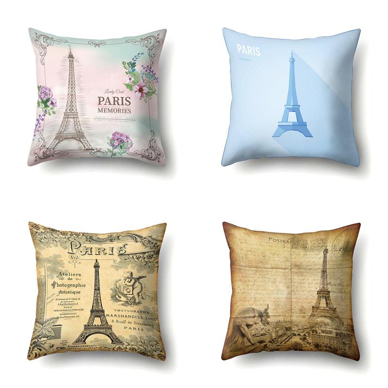 Polyester Pillow Cover Home Printed Pillow Cover Retro Tower European Building Cushion Cover Car Cushion Cover