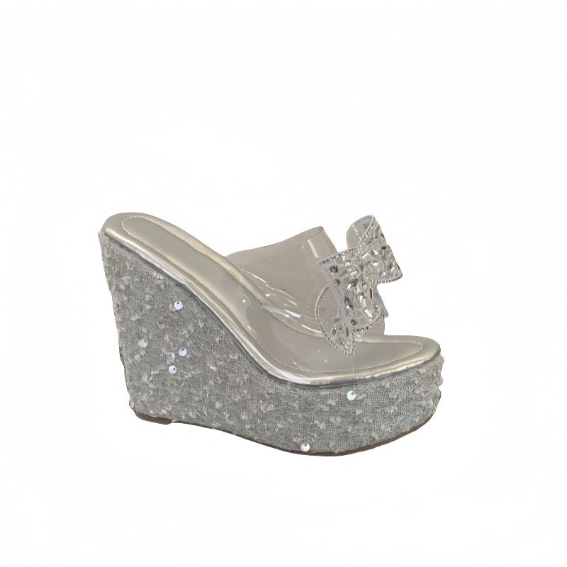 Fashion New Transparent Women Platform Slipper Fashionable Crystal Rhinestone Bowknot High Heels Wedge Sandals Summer Party Dress Shoes