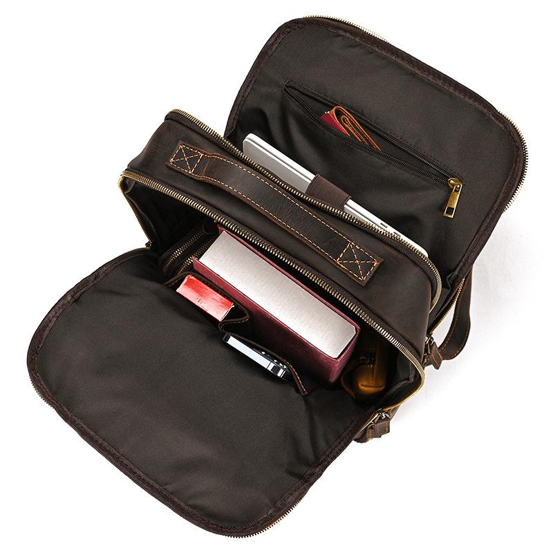 Retro Backpack Double Zipper Main Bag Leather Backpack Large Capacity Mad Horse Leather Outdoor Travel Bag Leisure Computer Bag