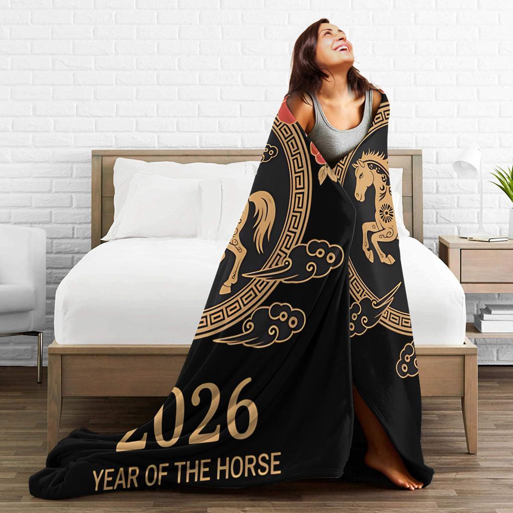 Chinese New Year Year of The Horse Blankets Flannel Throw Blankets Summer Air Conditioning Portable Ultra-Soft Bedsprea,