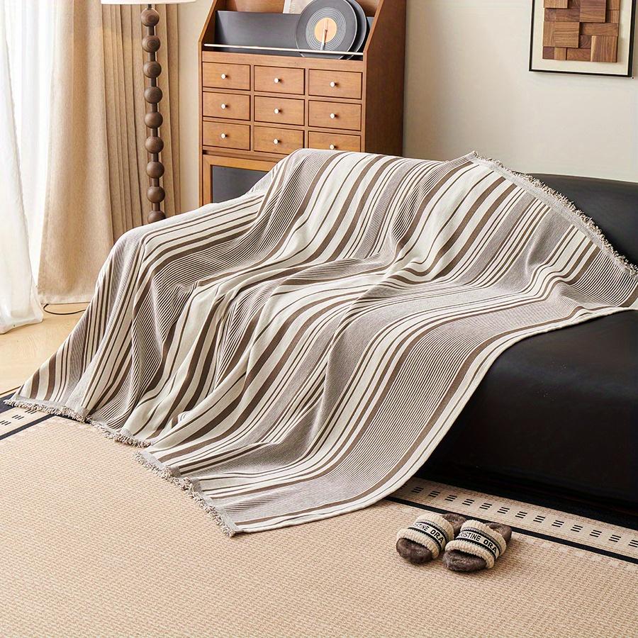 1PC Chenille Sofa Towel All-cover Coffee Striped Pattern Sofa Throw Blanket With Tassels Couch Protector Double Face Usable