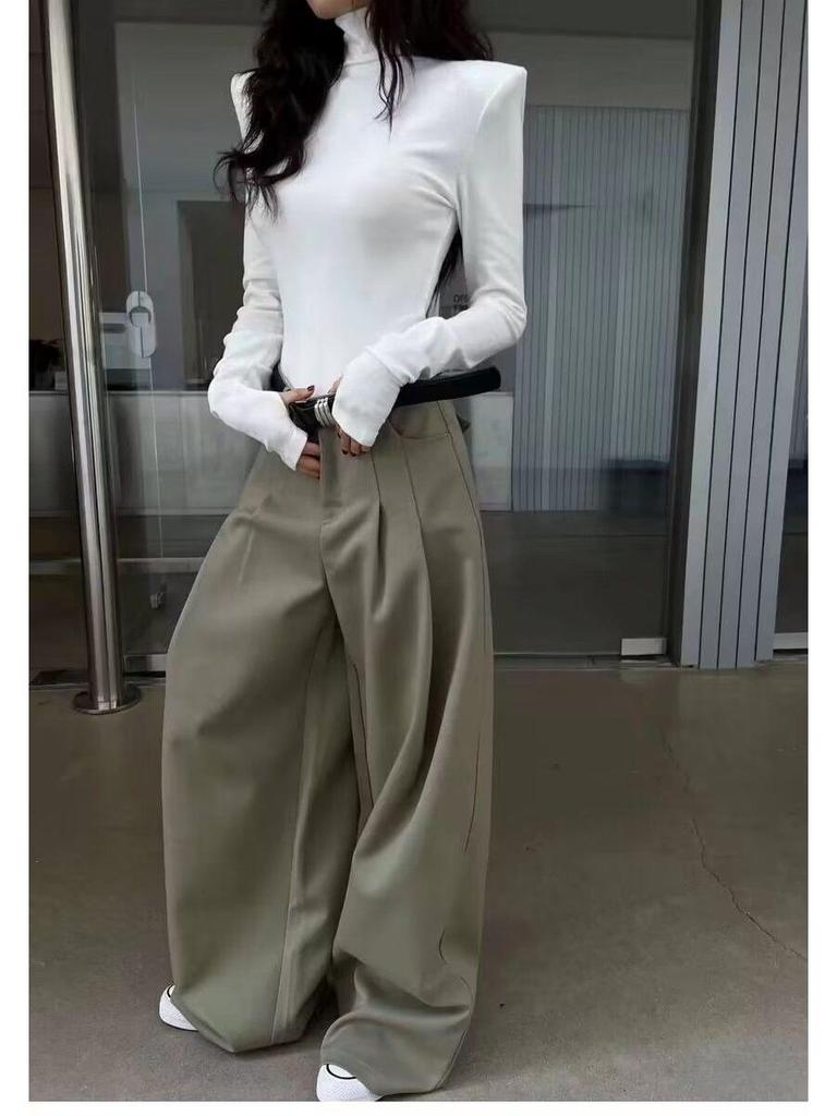 Women's White High-Neck Velvet Long Sleeve T-Shirt with Padded Shoulders - Slim Fit for Autumn/Winter 2025