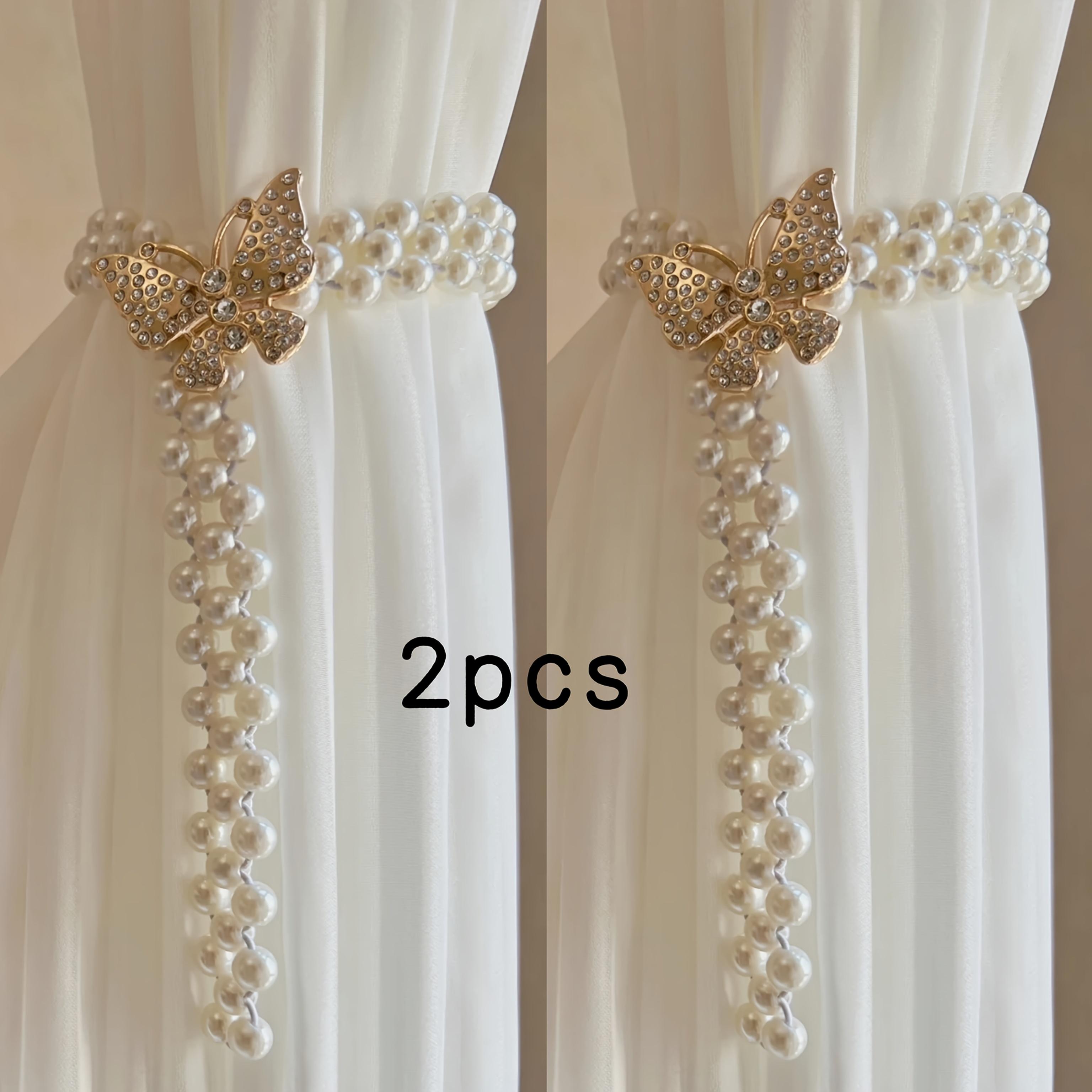 

2Pcs Elegant and Cute Stretchable Adjustable Curtains with Golden Butterfly Shape and White Artificial Pearls