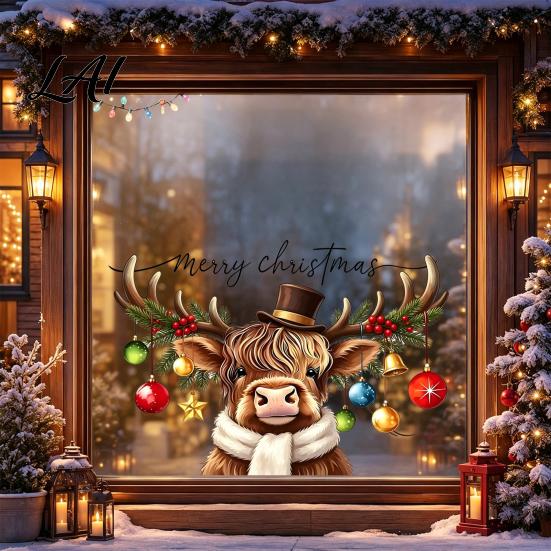 Christmas Glass Clings Cute Highland Cow Static Window Sticker PVC Waterproof Cling for Holiday Reusable Decals Home Decoration Removable