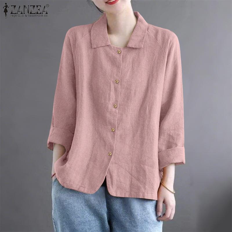 ZANZEA Women Casual Turn Down Collar Loose 3/4 Sleeve Cotton Blouse