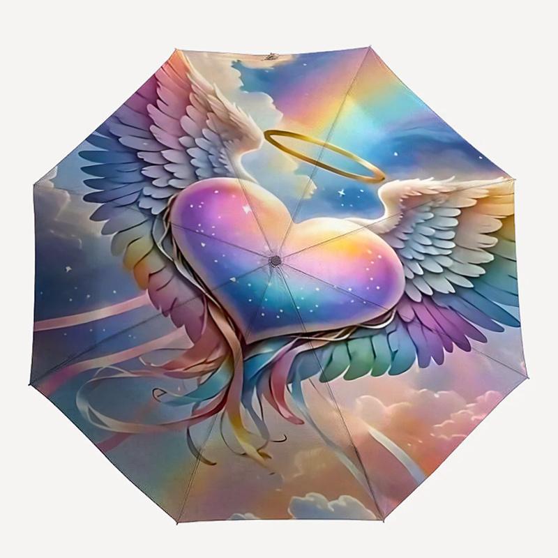 1pc Angel Heart Wings Halo Automatic Opening Folding Umbrella - Portable 3-Fold Design with Iron Frame, Perfect for Outdoor Use, Festive Gifts, T