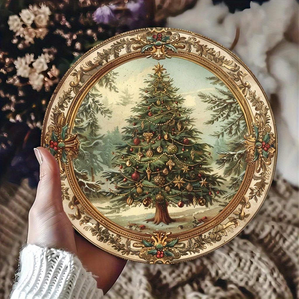 Vintage Ornate Christmas Tree Round Metal Sign D Flat Printed Antique Gold Frame Victorian Style Art Tin Plaque Retro Holiday
