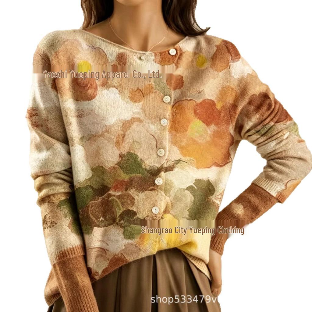 2026 Round Neck Loose Knit 3D Print Cardigan Sweater