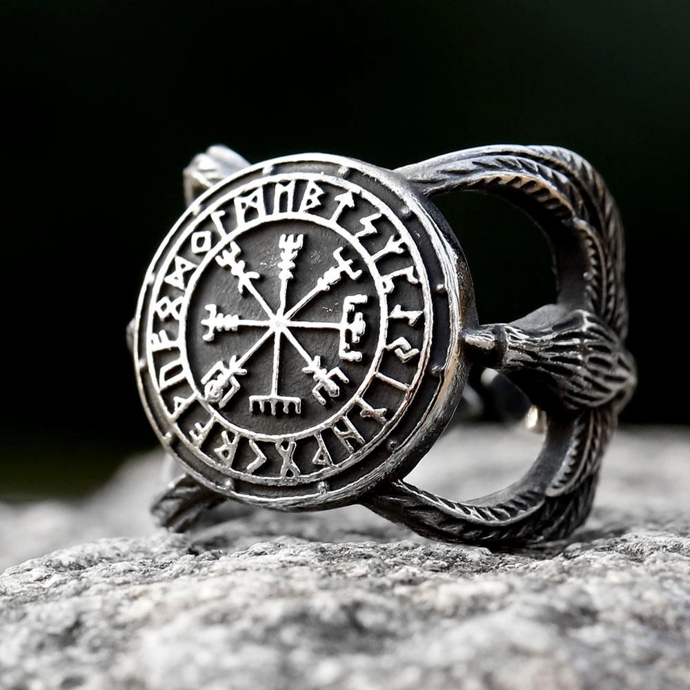 2023 НОВЫЕ Мужские кольца из нержавеющей стали 316L Нордический ВИКИНГ Один Вегвизир Двойная птица Амулет Ювелирные изделия Подарки бесплатная доставка 12