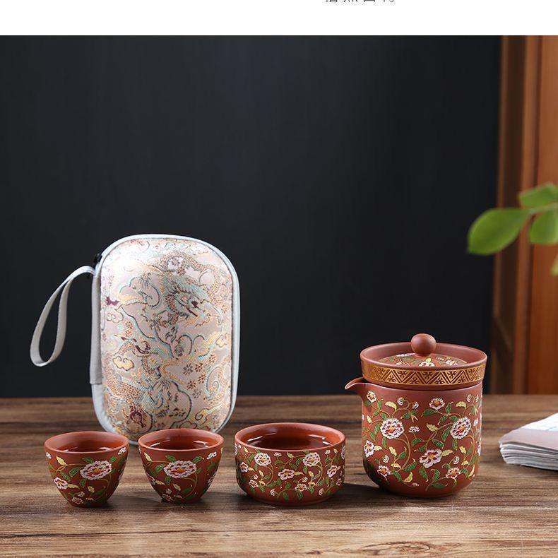 Travel Purple Sand Tea Set, Outdoor Ceramic Guest Cup Teaware, Portable Tea Set, 1 Pot, 3 Cups, Portable Teapot