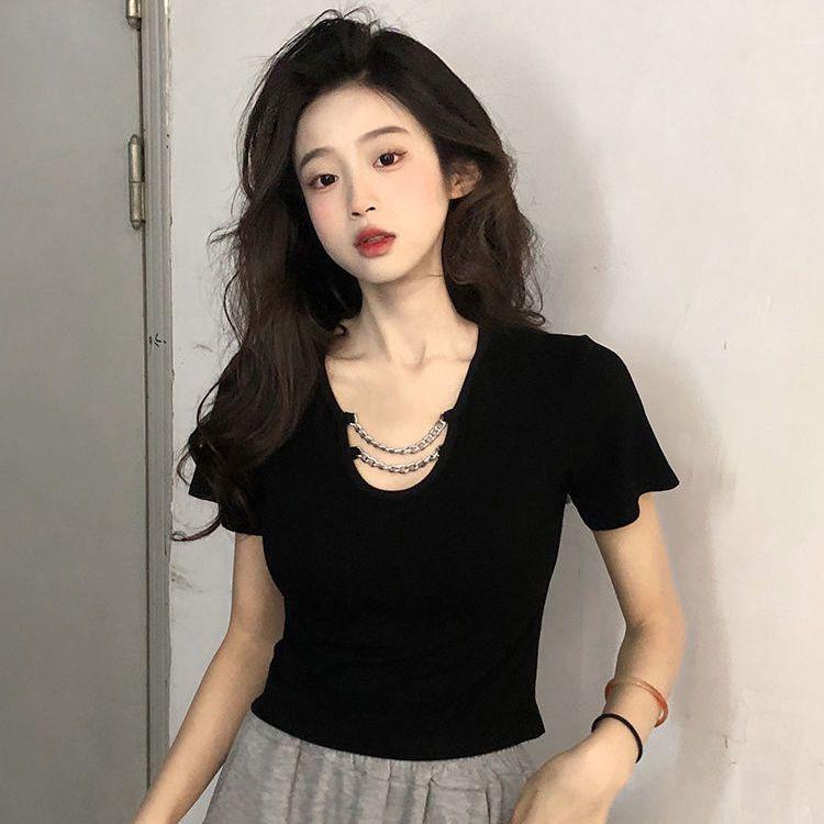 Ins Super Fire Design Chain Slim Fit Sweet Bottoming Shirt Cotton Short Sleeve T-shirt Gentle Short Top Women's Summer Tide