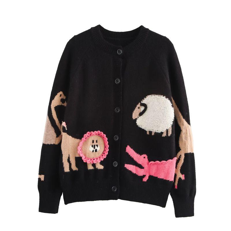 Kaslead New Women clothes Western Style Zoo Stereo Jacquard round Neck Long sleeve Knit cardigan Outerwear