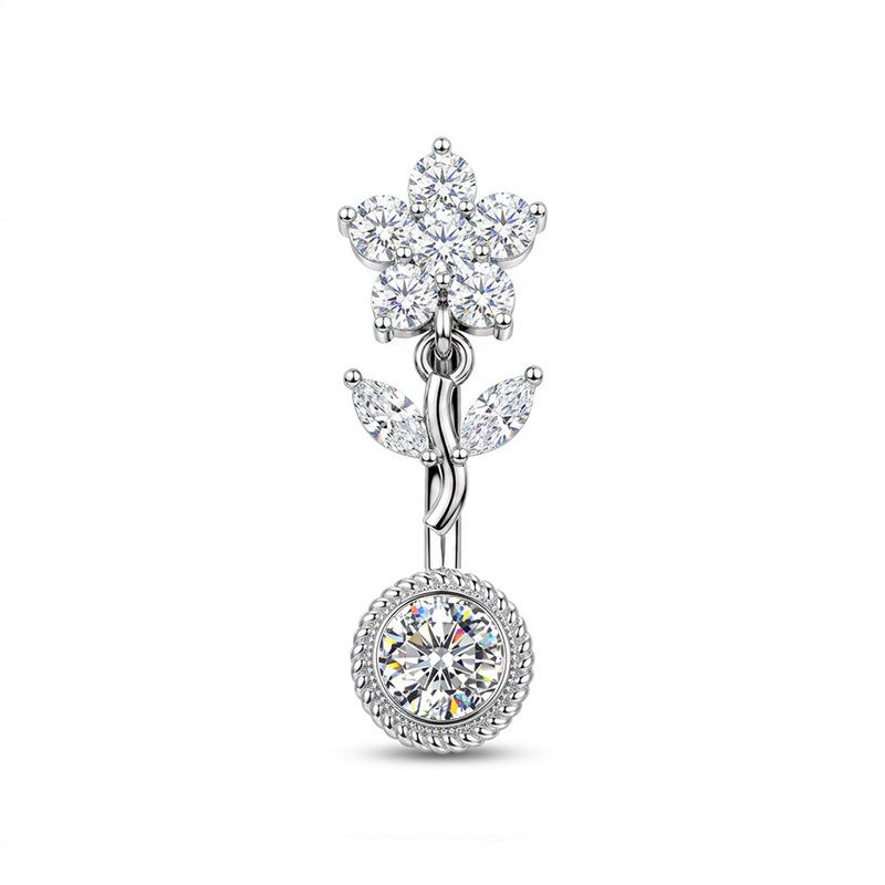 Hypoallergenic Navel Ring Shiny Cubic Zirconia Flower Design Durable Stainless Steel Belly Button Piercing for Women Gifts