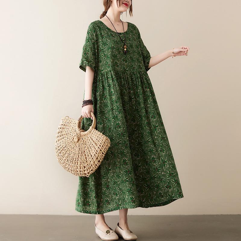 Real shot summer new literary large size loose printing round neck short sleeve dress women's long dress