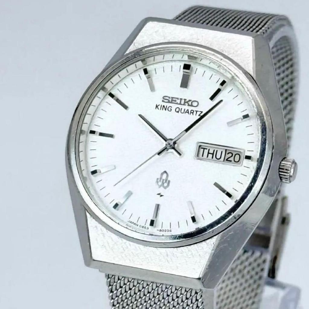Seiko King Quartz White Three Vintage 0853-8025 Men's Watch, 1976, Dial, Hands, Day-Date, Silver,