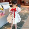 Robe d'été à pois pour petites filles, manches courtes bouffantes, à volants, col rond, dos nu, robe plissée à lacets, tenue pour enfants 3-8T