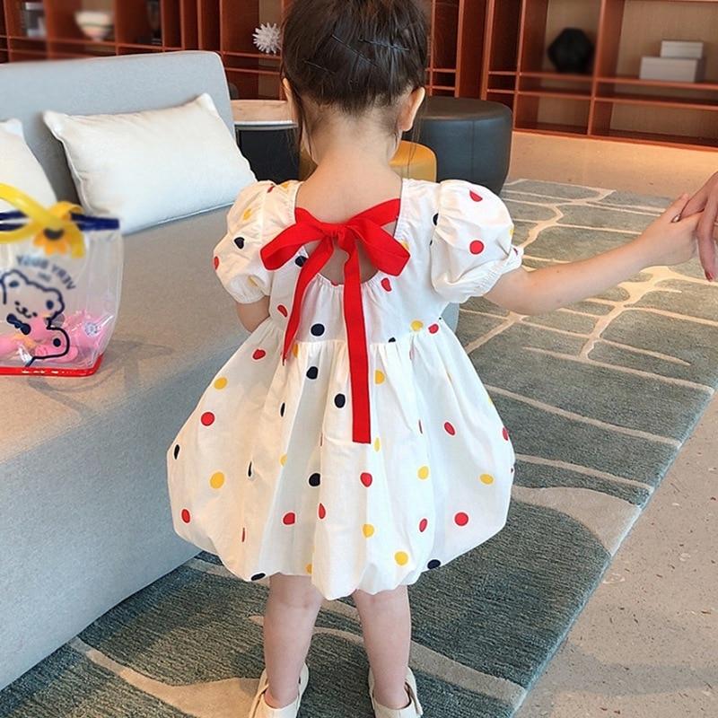 Summer Toddler Girls Polka Dots Dress Puff Short Sleeve Ruffle Ball Gown Dresses O-Neck Back Lace-up Pleated Dress Children Outfit 3-8T