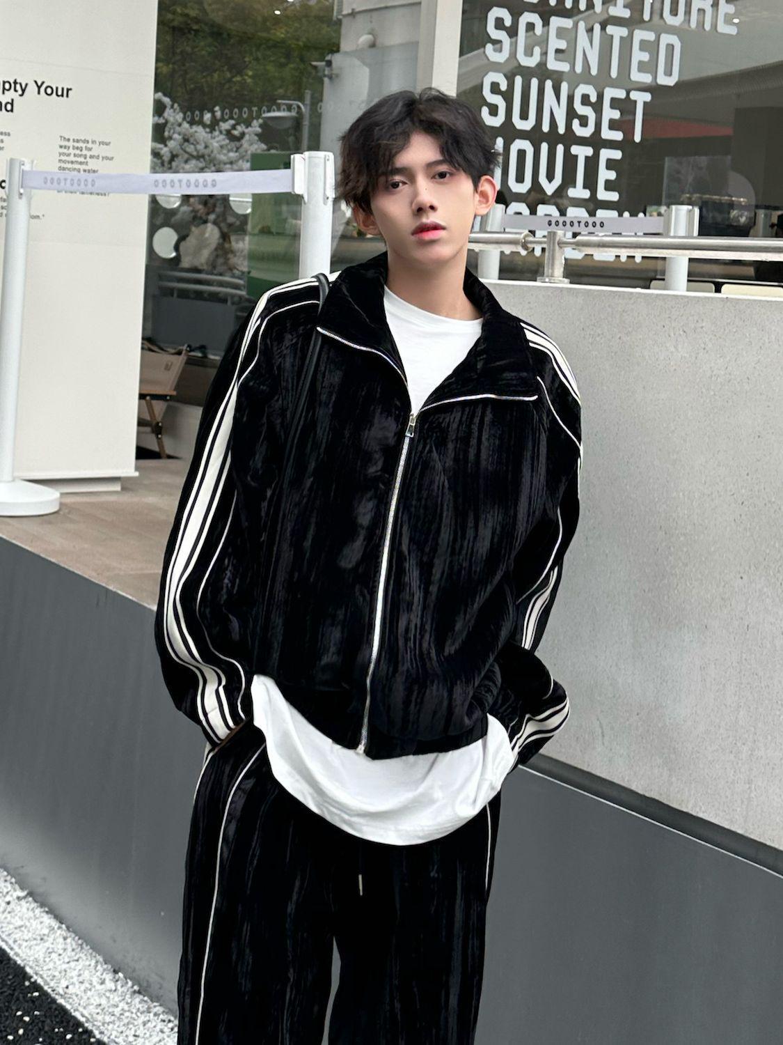 

Осенний комплект из полосатого кардигана и толстовки - повседневный комплект из двух предметов для мужчин L чёрный