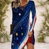 Damen Cross V-Ausschnitt Langarm Kleid Rot Blau Galaxie Planet Sternenprint Unregelmäßiger Saum Kleid