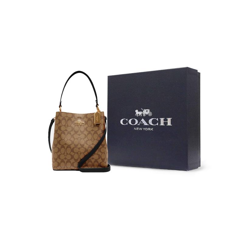 COACH Town Canvas With Leather Bucket Bag, Handbag, Shoulder Bag, Crossbody Bag Medium Women's Brown 91512-IMCBI