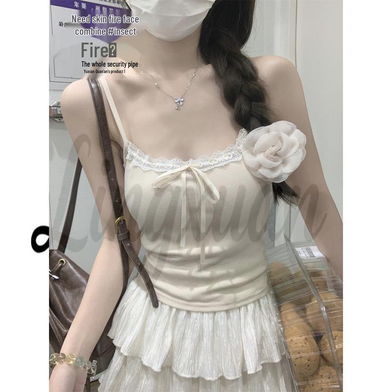 Korean Summer Slim Lace-Trim Padded Camisole Vest Extra Large абрикосовый