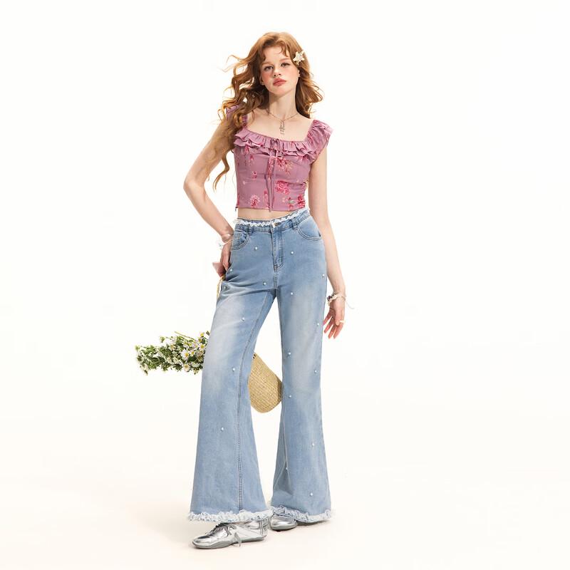 unifree Floral Ruffled Square Neck Chiffon Blouse