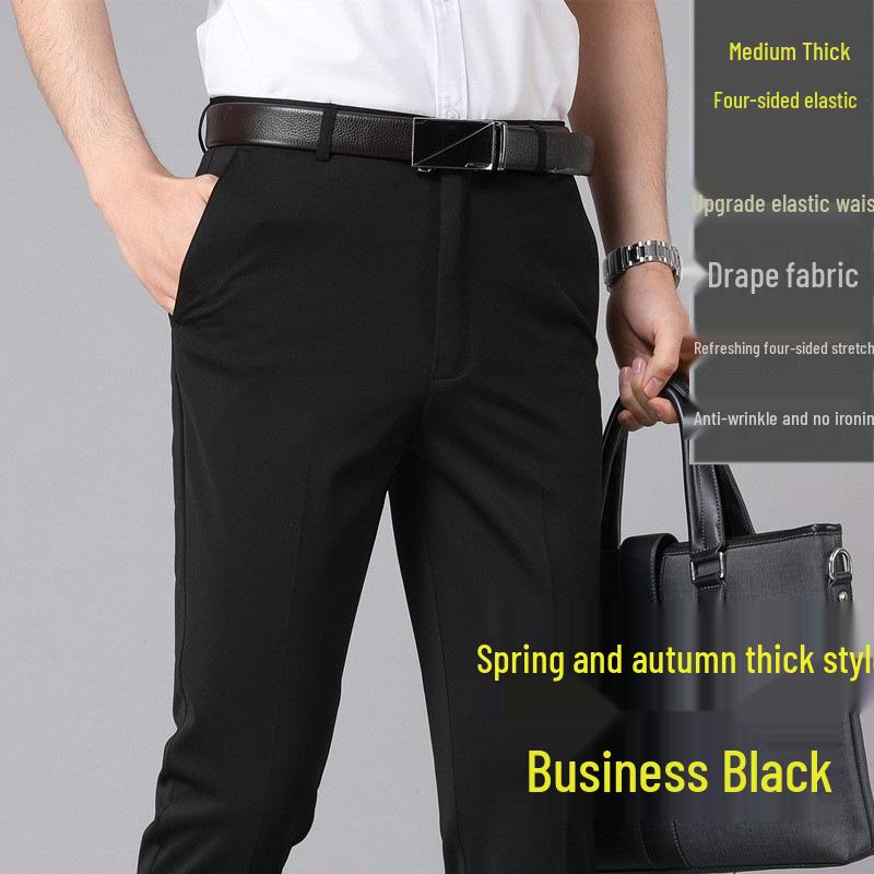 Men's Slim Fit Straight Leg Business Casual Pants - Summer Thin, Elastic, Good Drape Suit Trousers