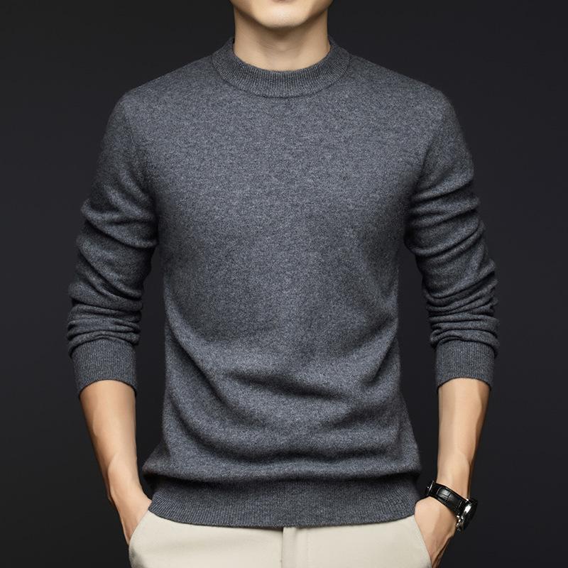 Winter 2025 Men's Cashmere Round Neck Sweater - Fashionable, Warm, Solid Color Base Layer