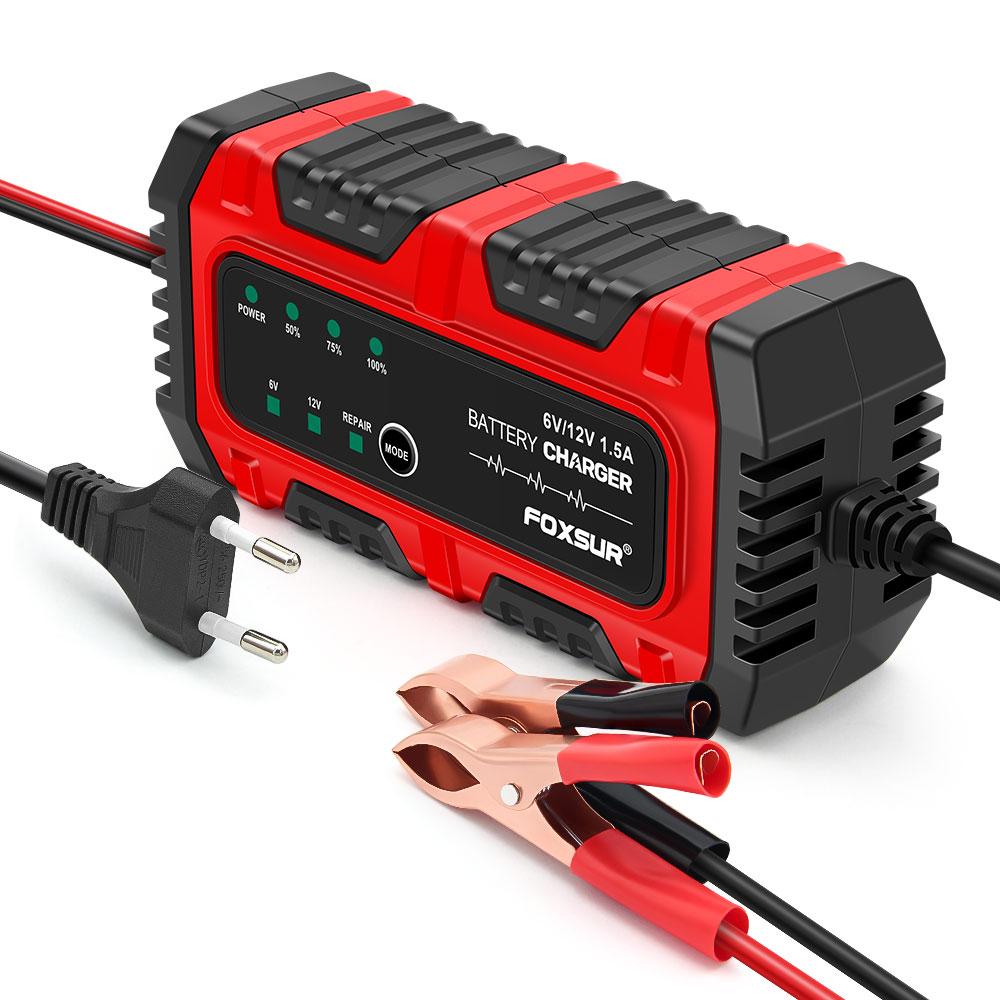 FOXSUR 6V 12V Vollintelligentes Batterieladegerät LCD-Display Intelligente Puls-Reparaturladung Auto Motorrad AGM GEL Blei-Säure-Batterien