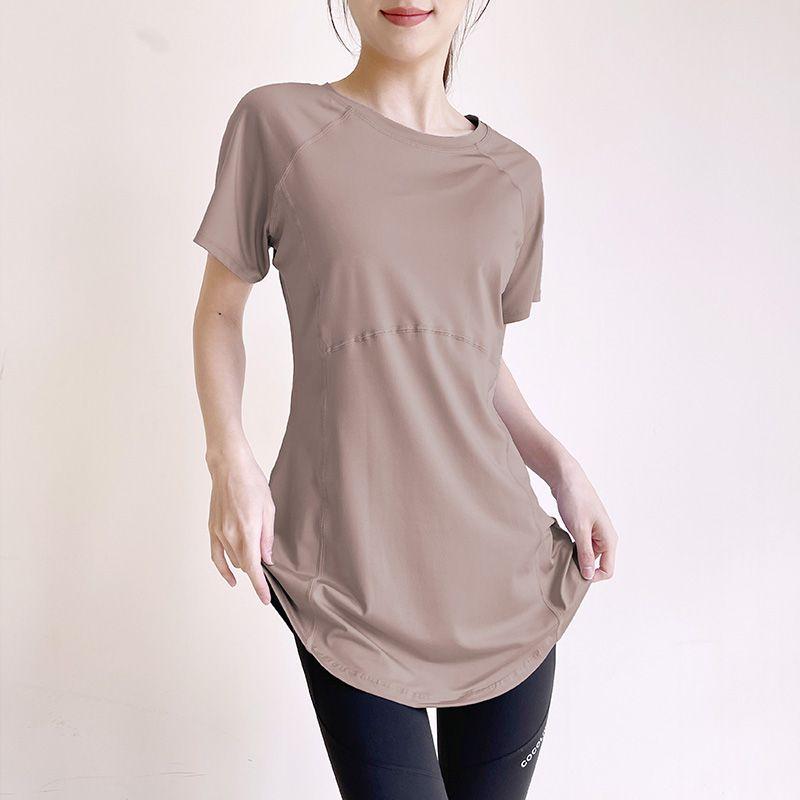 

T-shirt Women s Yoga Clothes Summer Mid Length Long Length Thigh-Length Slim Looking Quick-Dry Short-Sleeved Top Breathable Workout Bottoming Thin Curry color S