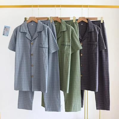 Spring Summer Men's Pajamas Short Sleeved Top and Pants Washed Cotton Simple Plaid Home Service Suit Pantalon Pijama Hombre