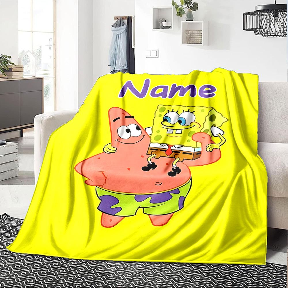 Custom Name Spongebob Friends Flannel Blanket for Super Soft Cute Comfort Blanket for Travel Bedding Couch Sofa Blanket