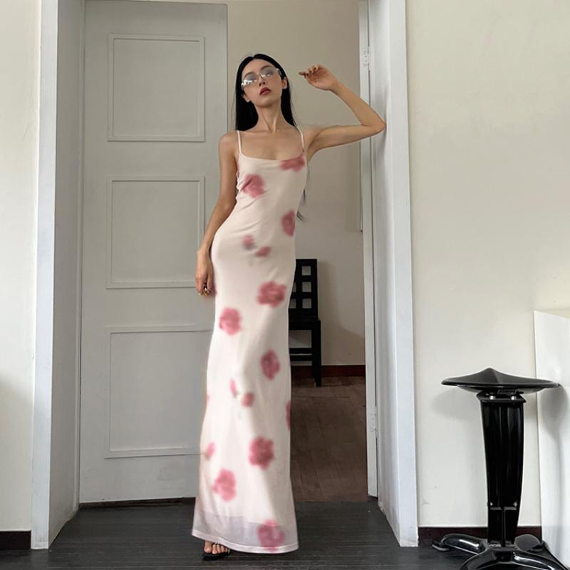 Fairycore Grunge Elegantní Midi šaty Dámské Y2k Vintage Streetwear Špagetový pásek s vysokým pasem Květiny Společenské šaty s potiskem Žena