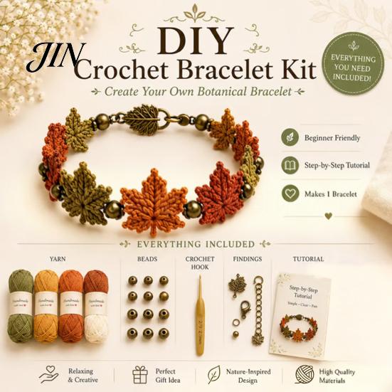 Handmade Bracelet Kit DIY Nature-Inspired Crochet Kit, 3D Animals Plants Hand-Crocheted Jewelry Making Flower Maple Dragonfly Butterfly Set, Gift for