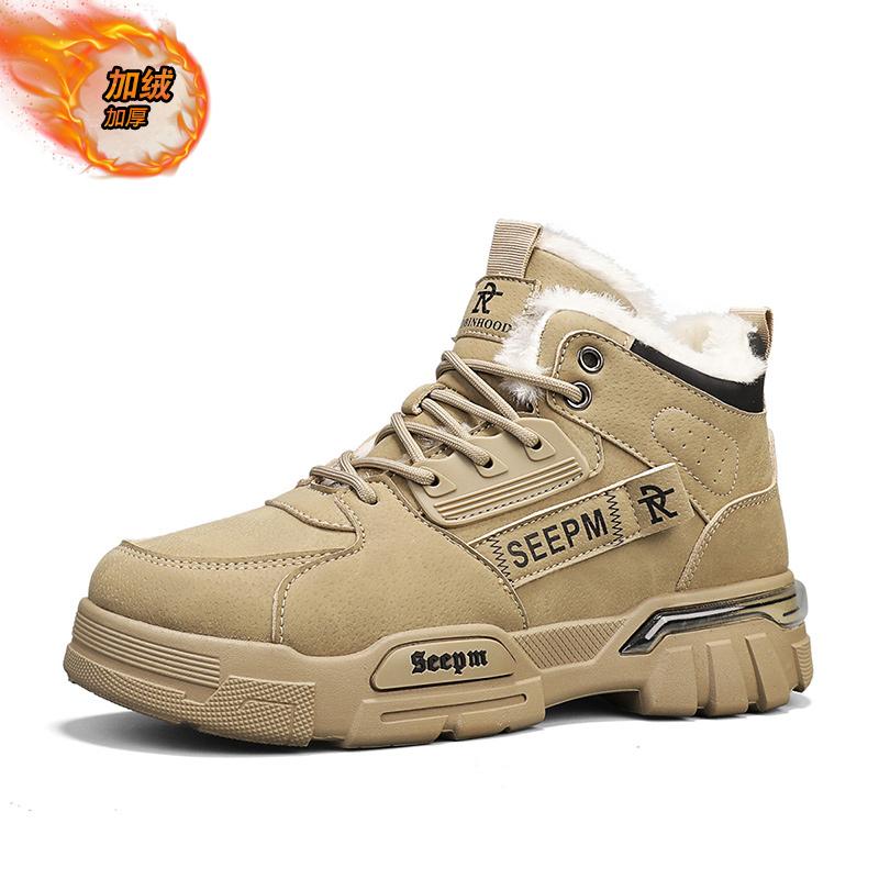 

2025 Теплые меховые зимние ботинки для мужчин Плюшевые кожаные рабочие ботинки Мужские кеды для скейтборда Высокие на платформе Повседневные кроссовки Толстая подошва Плоская подошва 39