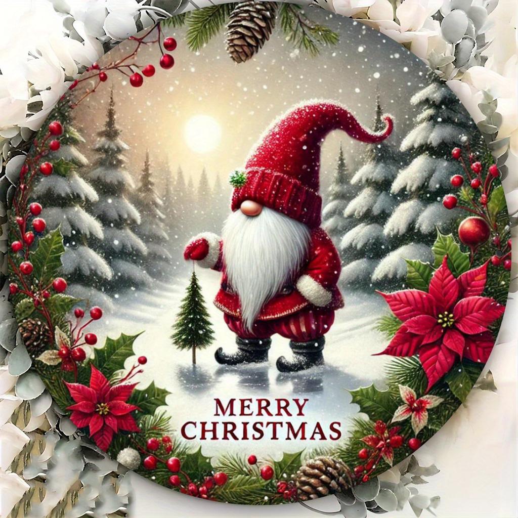 plaintextMerry Christmas Gnome Round Metal Sign Vintage Winter Snowy Forest Tin Plaque Retro Holiday Wall Decor for Home Door
