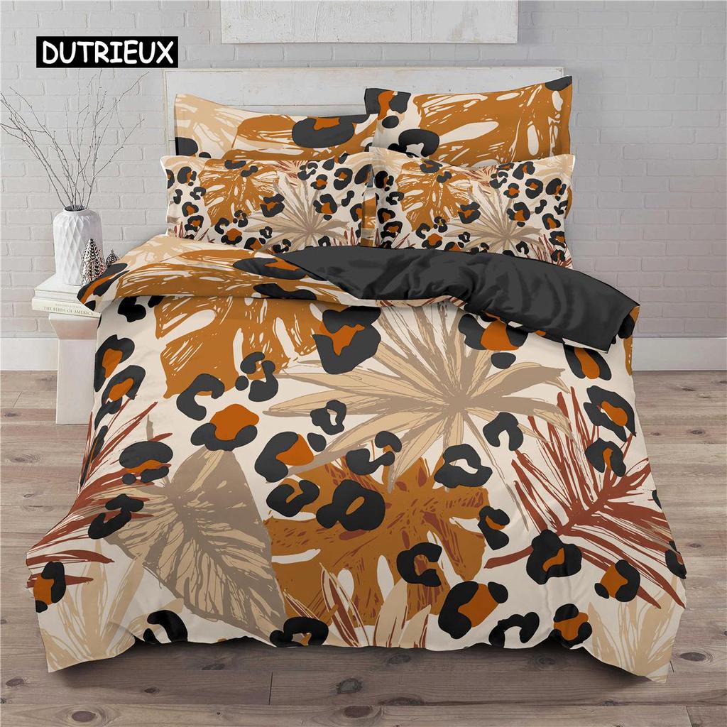 Leopard Print Duvet Cover Set Tropical Plant Flower Print Bedding Set Microfiber 2/3pcs Twin Double Queen King Size Quilt Cover