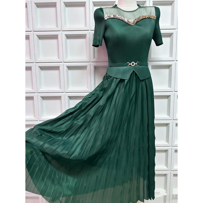 Women s Chic Round Neck Short Sleeve Pleated Dress - Summer 2026 One Size темно-зеленого