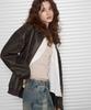Leathery Washed Leather Oversized Blouson Jacket [Washed Black]