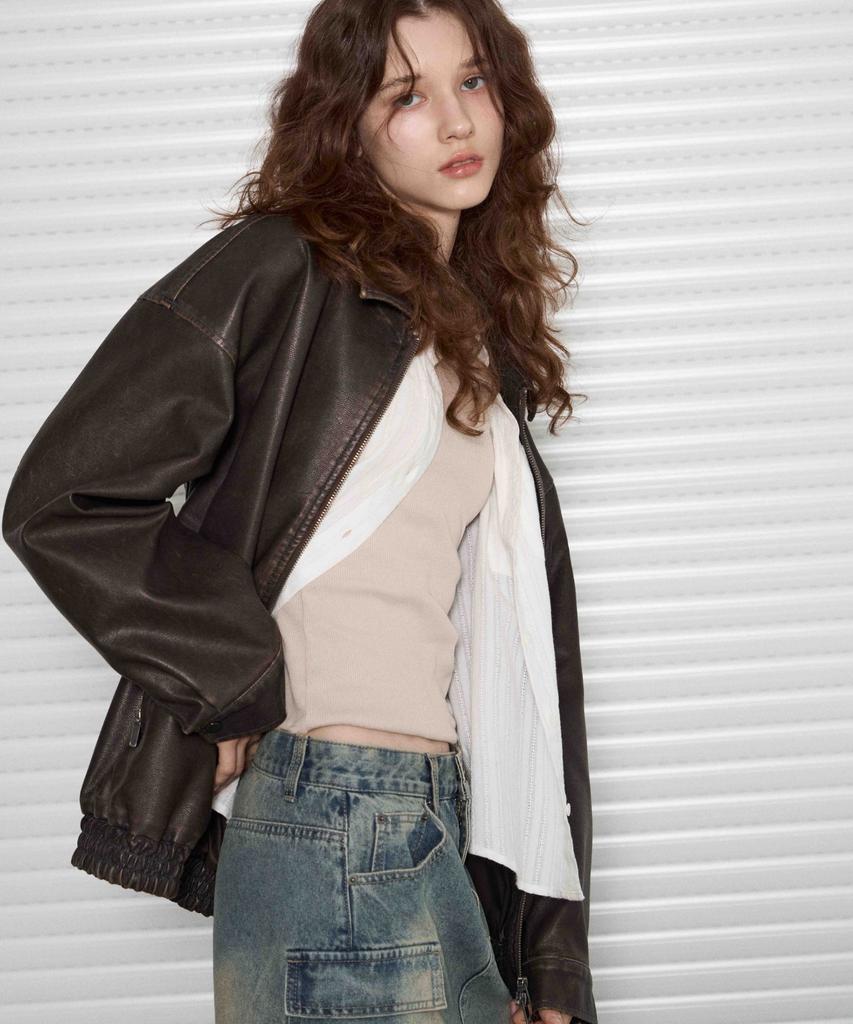 Leathery Washed Leather Oversized Blouson Jacket [Washed Black]