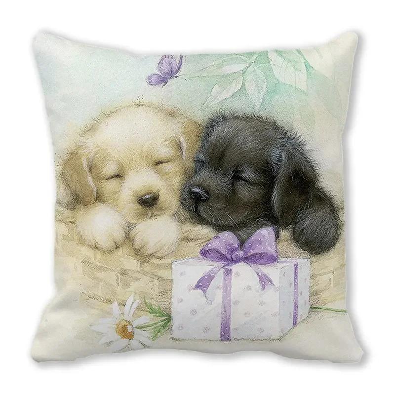 Urocza poszewka na poduszkę z nadrukiem zwierzęcym kota i psa do dekoracji sofy w salonie domowym, kwadratowa poszewka 45x45cm