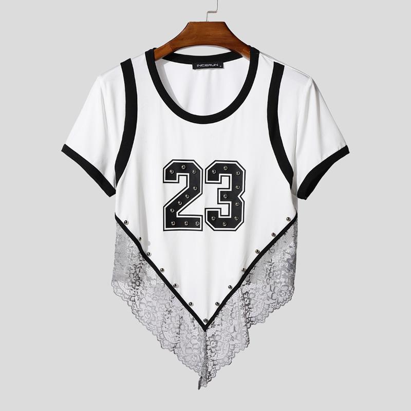 

INCERUN Men Women Round Neck Short Sleeve Stitching Print Lace Hem Irregular Cropped T-Shirts Tops 2XL белый