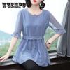 Women's Summer Mid-sleeve Ruffles Lace Shirt Round Neck Large Size Loose T-shirt with Waist Belt