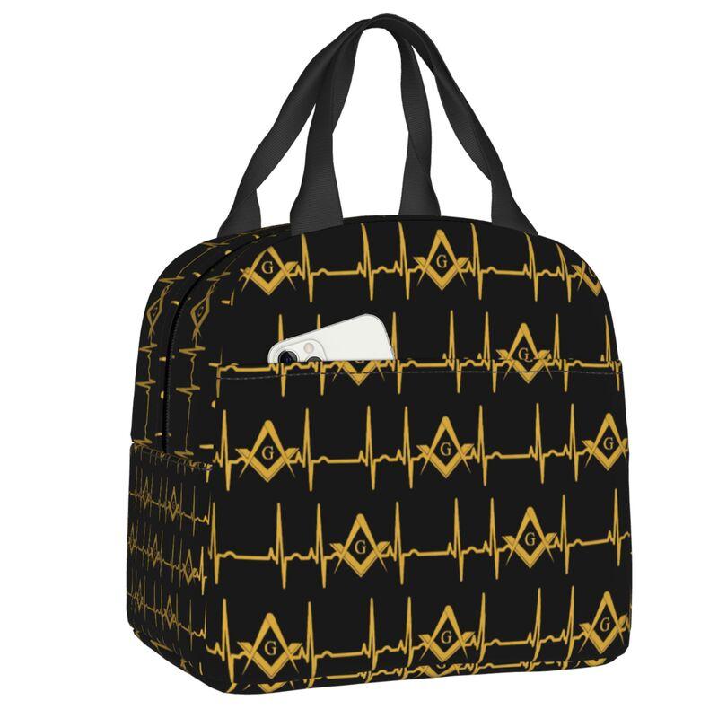 Custom Freemason Square & Compass Gold Masonic Thermal Insulated Lunch Bag Women Resuable Lunch Tote for Picnic Storage Food Box